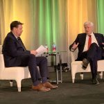 Former Prime Minister Stephen Harper speaks alongside Tyler Bjornson in a fireside chat at the Canadian Crops Convention 2025 in Edmonton, Alberta on Mar. 6, 2025.