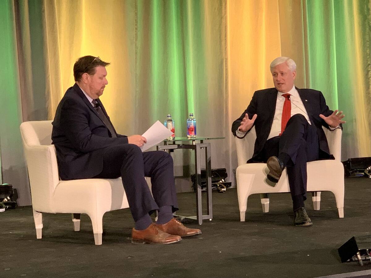 Former Prime Minister Stephen Harper speaks alongside Tyler Bjornson in a fireside chat at the Canadian Crops Convention 2025 in Edmonton, Alberta on Mar. 6, 2025.