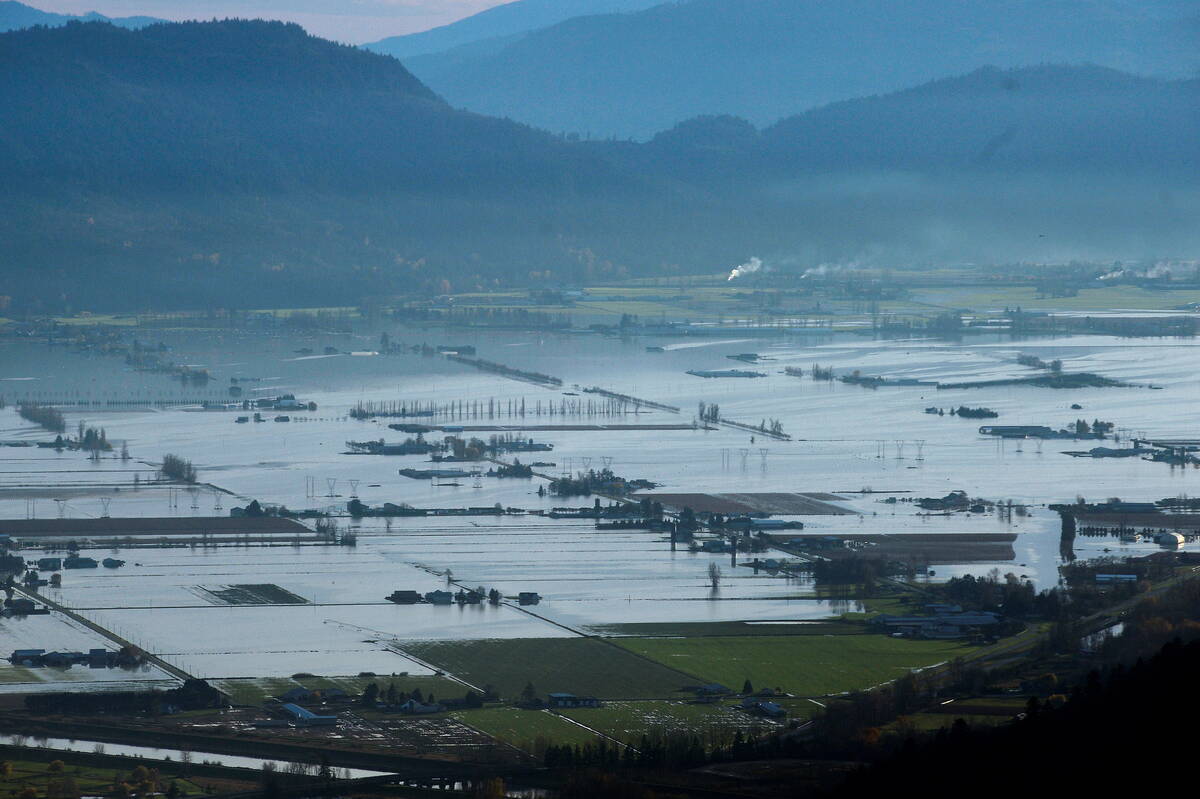 Aerial view of British Columbia's flooded Fraser Valley from 2021.