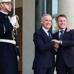 Prime Minister Mark Carney is warmly greeted by French president Emmanuel Macron on his first trip abroad as Canadian Prime Minister.