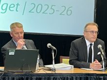 Deputy finance minister Max Hendricks and minister Jim Reiter meet with reporters to discuss this year’s Saskatchewan budget.