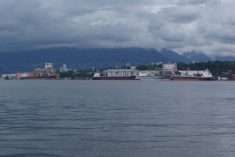 The North Shore of Vancouver showing grain terminals and bulk carrier vessels at dock on an overcast day.