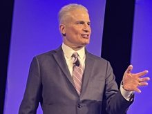 John Sitilides, who specializes in U.S. government relations, geopolitical risk and international affairs, speaks to attendees at the Alberta Beef Industry Conference in Calgary recently.