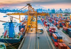 A busy Asian container port photographed from above.