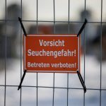 A sign with the inscription “Beware of epidemic danger! No trespassing!” hangs on a fence in front of a farm in Mehrow, Germany, Jan. 13, 2025.