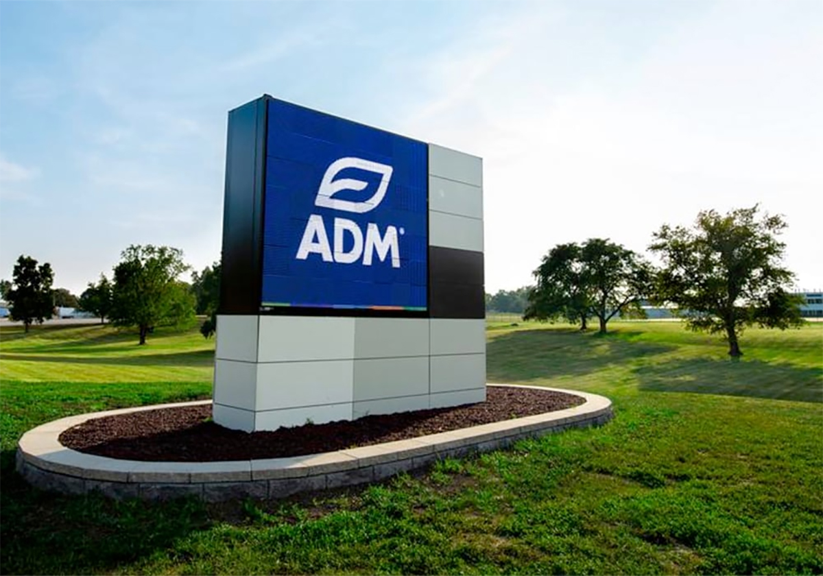 An ADM sign at the entrance to the company's headquarters.