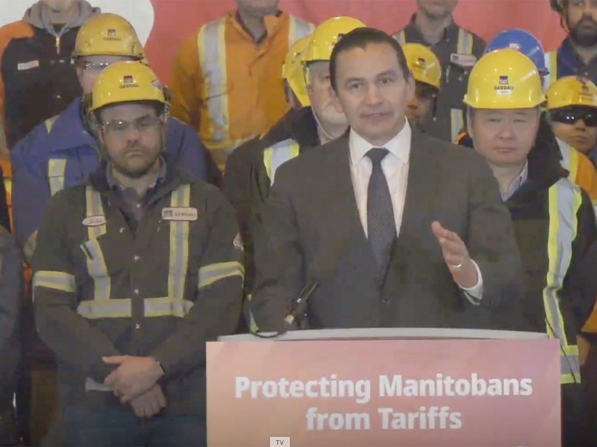 Manitoba premier Wab Kinew speaks to reporters at the Gerdau Ameristeel plant in Selkirk, Man., March 27.