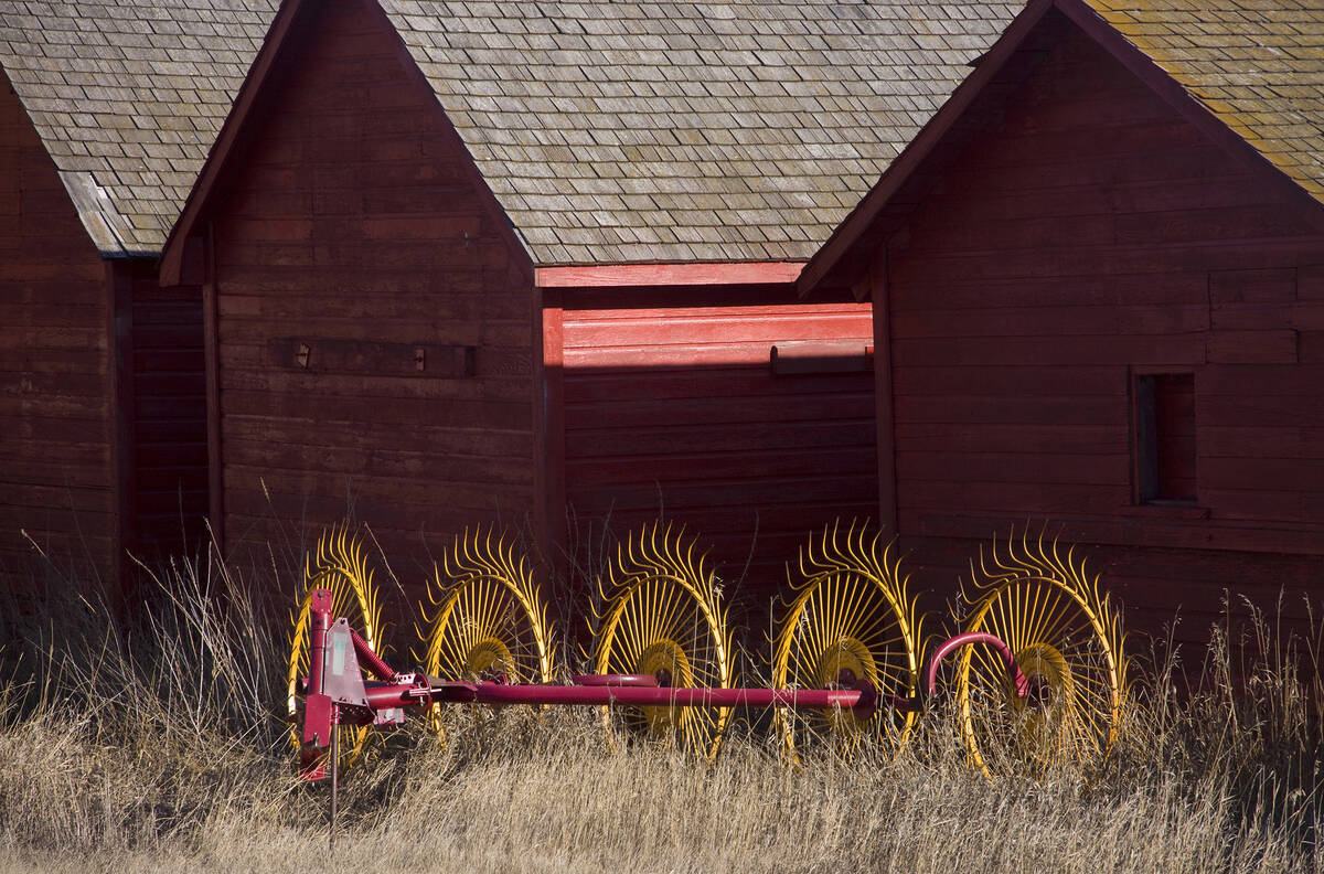 A hay rake is parked in the grass next to some wooden granaries.