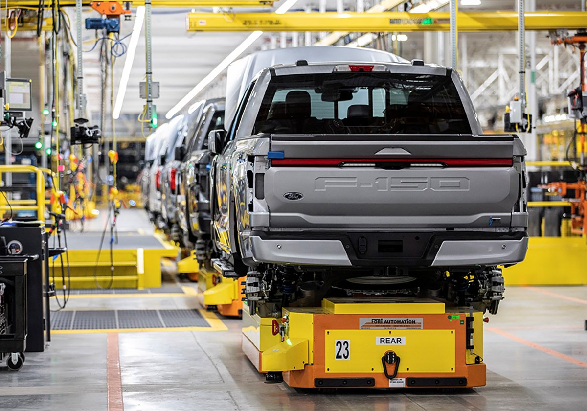 Ford F150 Lightning electric vehicles on an assembly line in an auto factory in the U.S.