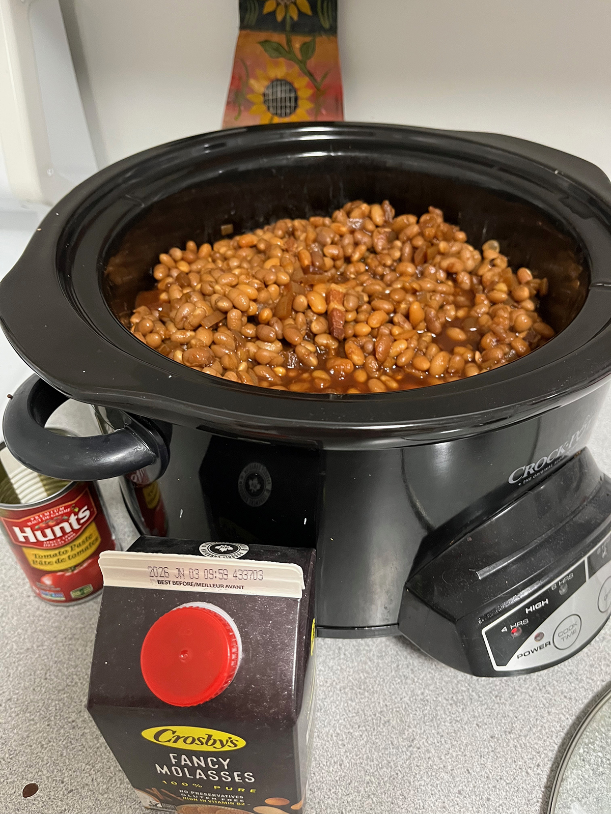 Baked beans in a slow cooker.
