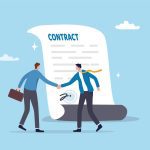 A graphic of two people shaking hands in front of a large piece of paper with "Contract" written on it.