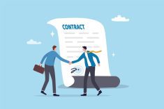 A graphic of two people shaking hands in front of a large piece of paper with "Contract" written on it.