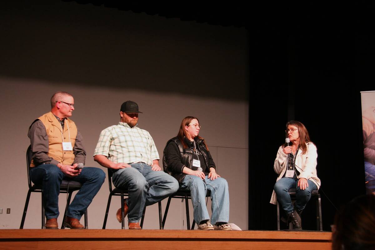 Duane Thompson, left, Ross Walburger, Brooke Walburger and Kelly Sidoryk participated in a farm succession panel during a recent Holistic Management Conference.