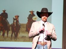 Cyle Stewart answers audience questions at the Holistic Management conference in Assiniboia, Sask., Feb. 2025.