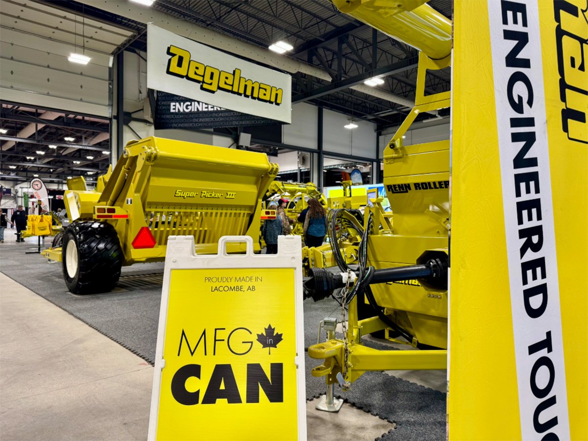 Yellow Delgelman Industries farm equipment on display recently at Canada's Farm Show in Regina.
