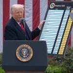 U.S president Donald Trump holds up a list of countries and the tariffs each would be charged while speaking in the Rose Garden April 2, 2025.