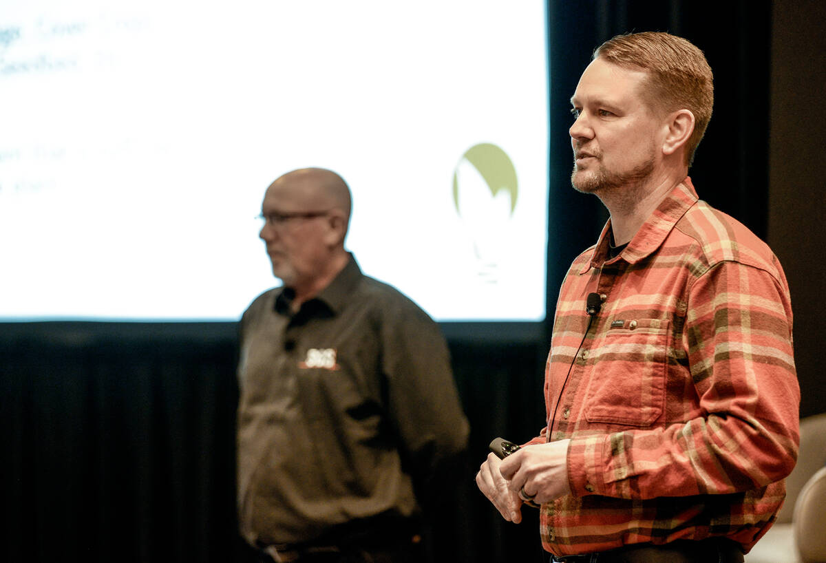Chris Roelands, of Honeyland Ag, foreground, and Jack Legg, SGS Crop Science manager and agronomist, shared best practices and timing for soil and tissue testing and utilizing the results to fortify crop success at Ontario Soil and Crop Improvement’s February Microsmart Deep Dive presentation in Kingston.