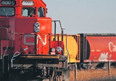 A CN train engine is in the foreground while the rest of the train can be seen in the background as it rounds a curve.