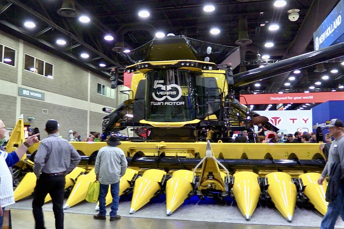 New Holland’s CR10 combine on the show floor at the 2025 National Farm Machinery Show in Louisville, Kentucky.
