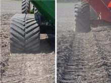 Two photos side-by-side showing the soil compaction generated by grain carts on tracks, on the left, and tires, on the right.