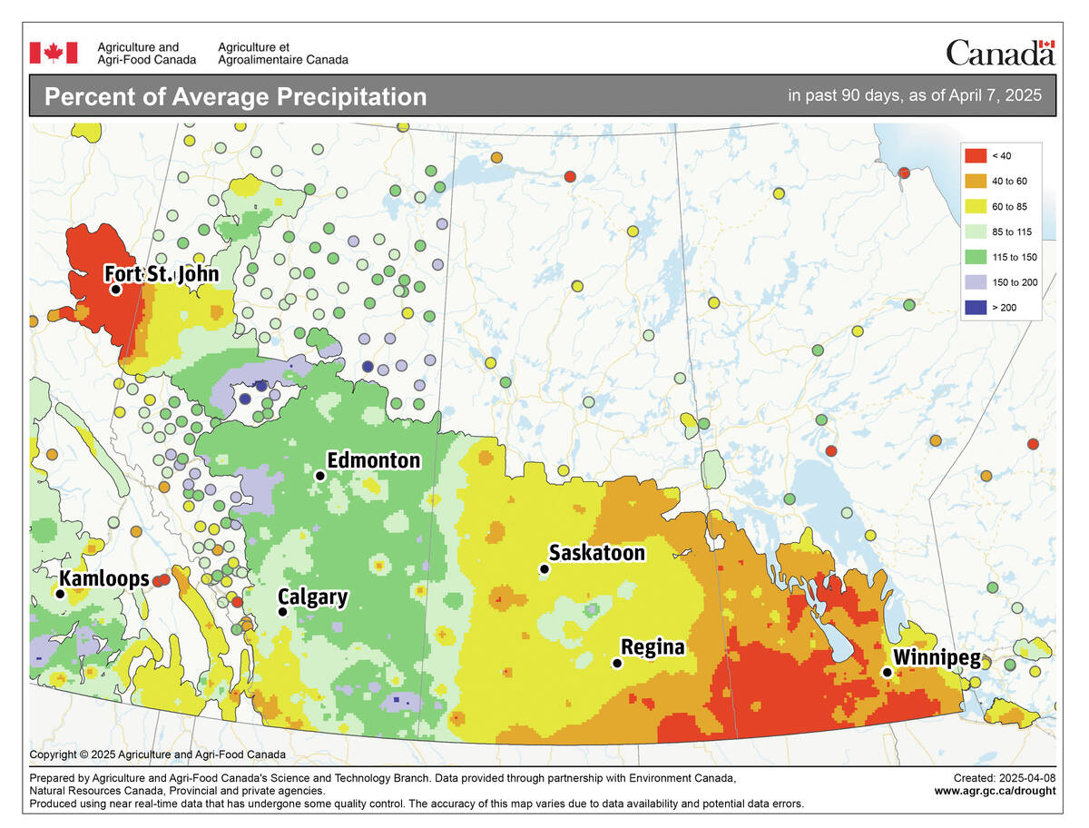 A map showing the total amount of precipitation that fell across the Prairies over the 90 day period ending on April 7.
