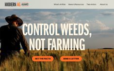 Screencap of the homepage of the Modern Ag Alliance organization showing a farmer walking in his field with the text, " Control weeds, not farming," written overtop.