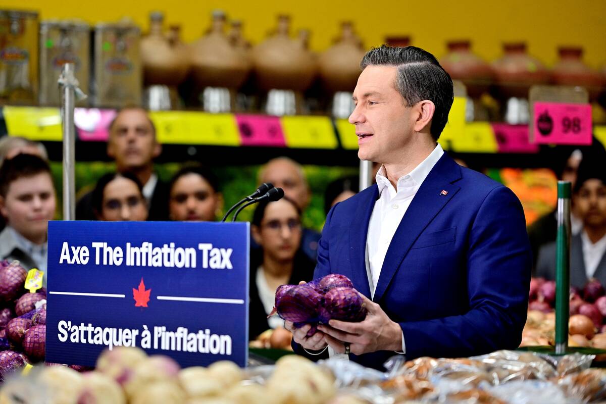 Conservative Party of Canada leader Pierre Poilievre speaks during an election campaign stop at the Fruiticana grocery store in Surrey, British Columbia, Canada April 20, 2025.