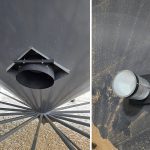 Photo of an older hopper-style grain bin with a new aeration system retrofitted to it.