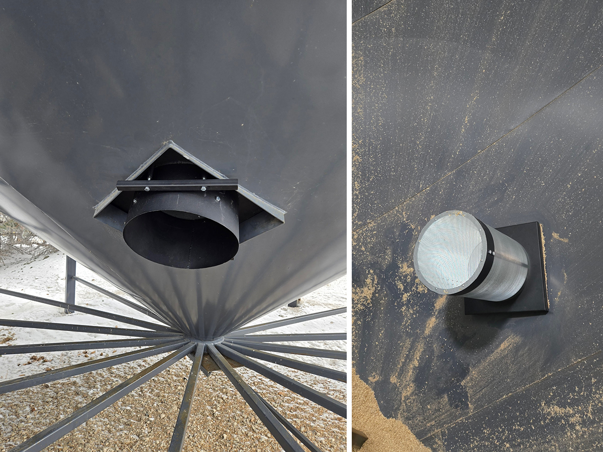 Photo of an older hopper-style grain bin with a new aeration system retrofitted to it.