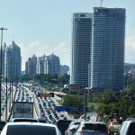 Bumper-to-bumper traffic on a freeway in Toronto.