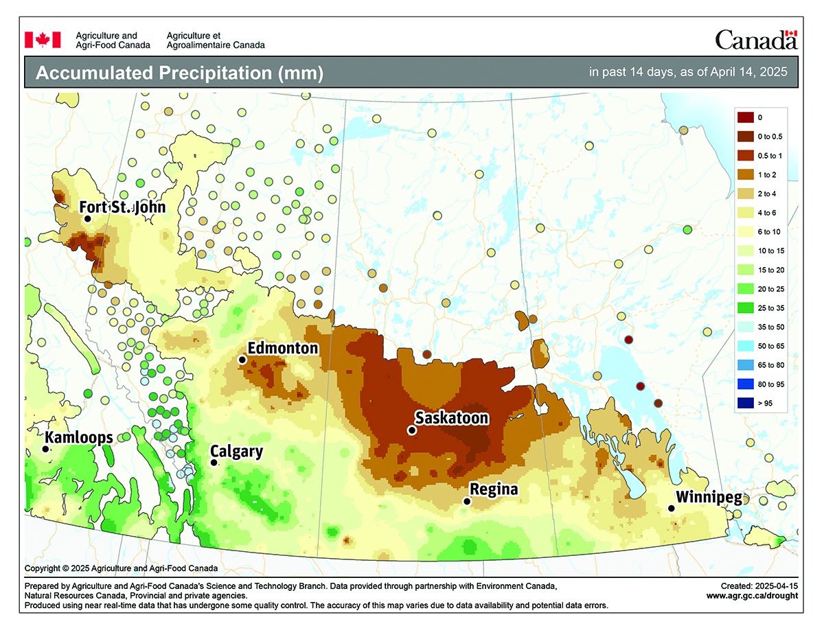 A map of the Prairies showing accumulated precipitation over the past 14 days, ending April 14, 2025.