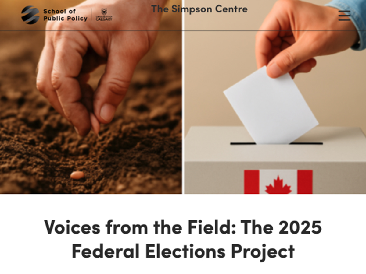 A screencap from the Simpson Centre website highlighting its "Voices from the Field: The 2025 Federal Elections Project" report.