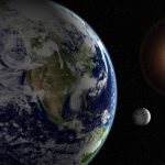 A photo from space with the Earth in the foreground, the much smaller moon and the sun in the distance.