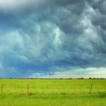 Dark storm clouds have formed over a lush green field in the country.