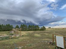 A clear view of a storm front as the cloud moves in over a prairie yard site.