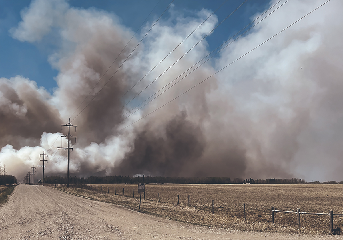 Smoke rises high into the sky from a wildfire 500 meters away.
