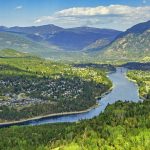 An aerial photo of Castlegar, at the confluence of the Columbia and Kootenay rivers along Highway 3 in southern British Columbia.