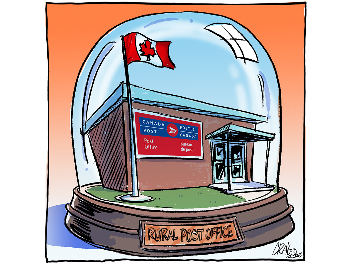 A cartoon featuring a rural post office with a Canadian flag on a pole inside what looks like a snow globe.