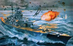 A painting depicting the German battleship Bismarck under attack by airplanes while firing her guns during World War 2.