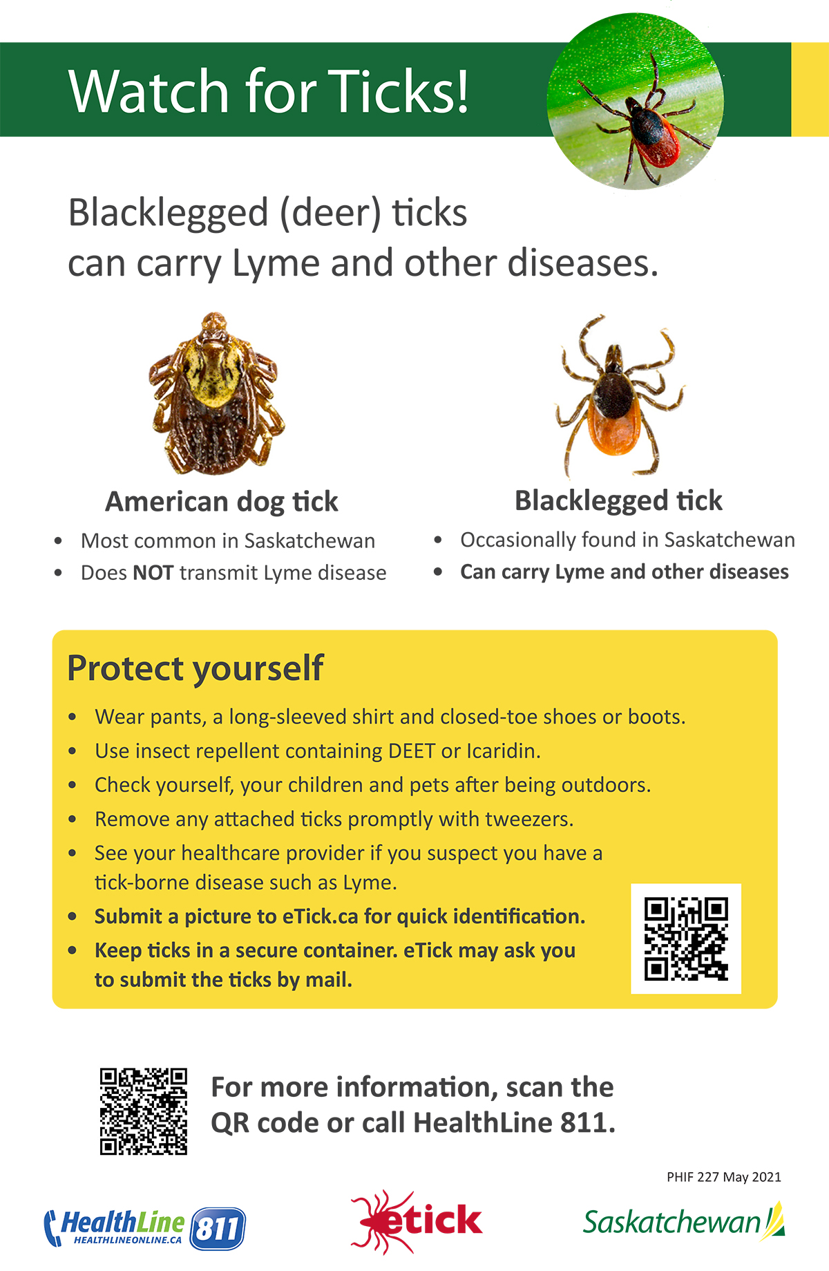 A government of Saskatchewan handout entitled, "Watch for ticks!"