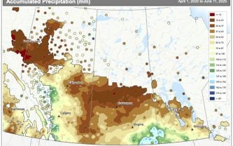An agriculture Canada map showing accumulated precipitation shows the Prairies are still very dry.
