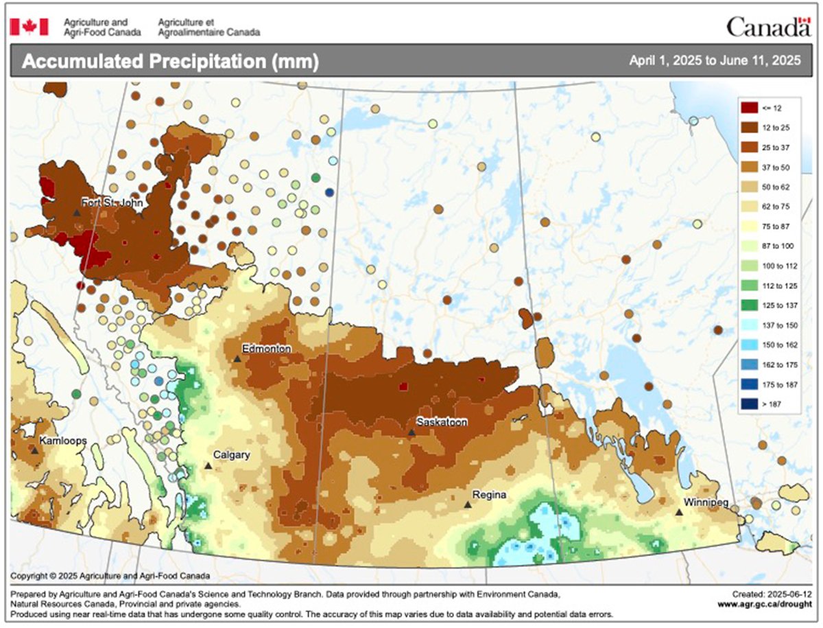 An agriculture Canada map showing accumulated precipitation shows the Prairies are still very dry.
