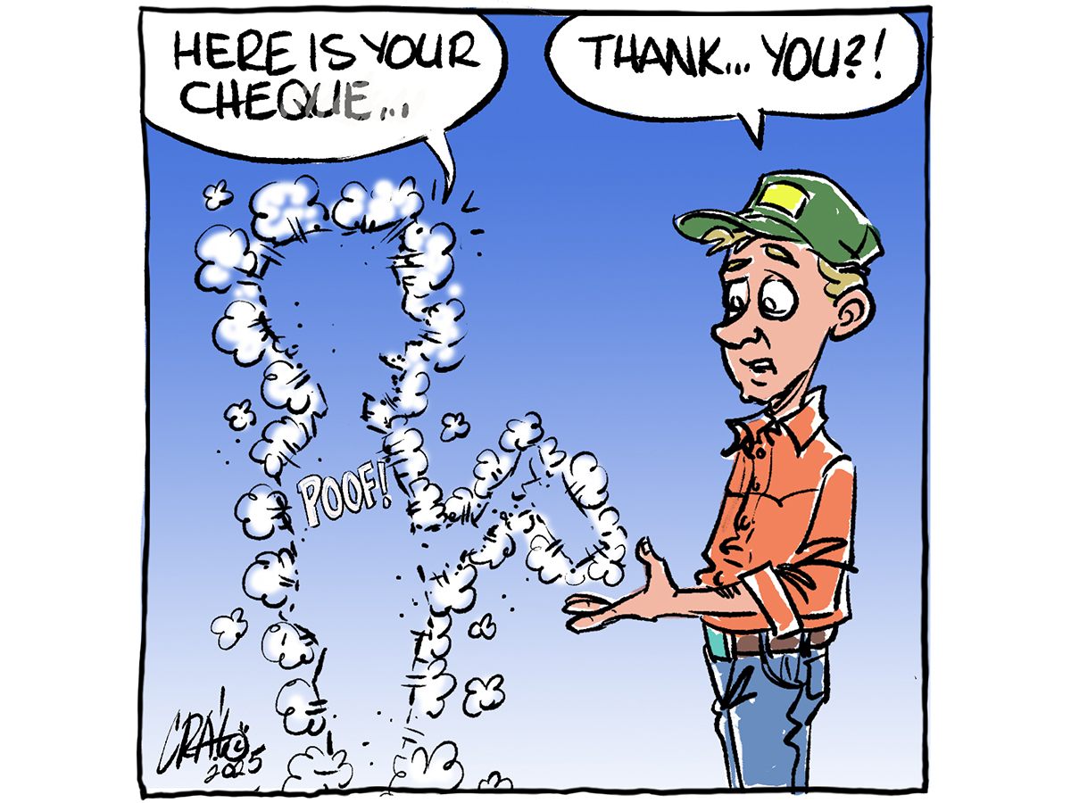A cartoon depicting a farmer about to be handed a cheque by a figure whose outline is visible only in clouds with a "Poof!" at its centre.