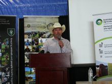 Saskatchewan Agriculture minister Daryl Harrison speaks at the Livestock and Forage Centre of Excellence's 2025 Field Day.