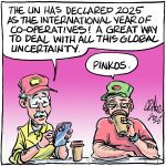 A cartoon showing two farmers talking about co-operatives over coffee, one suggesting, "it's a great way to deal with all this global uncertainty." The other farmer replies, "pinkos."