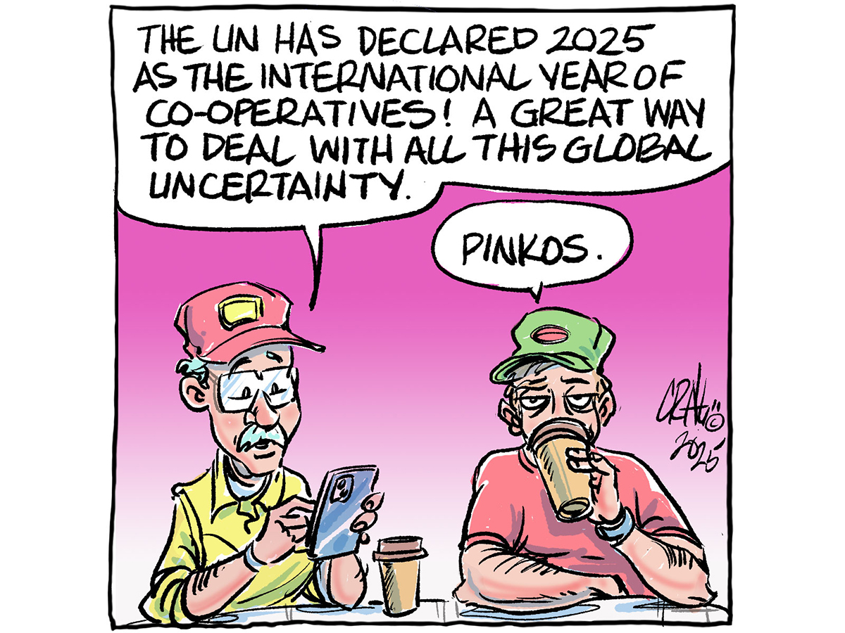 A cartoon showing two farmers talking about co-operatives over coffee, one suggesting, "it's a great way to deal with all this global uncertainty." The other farmer replies, "pinkos."