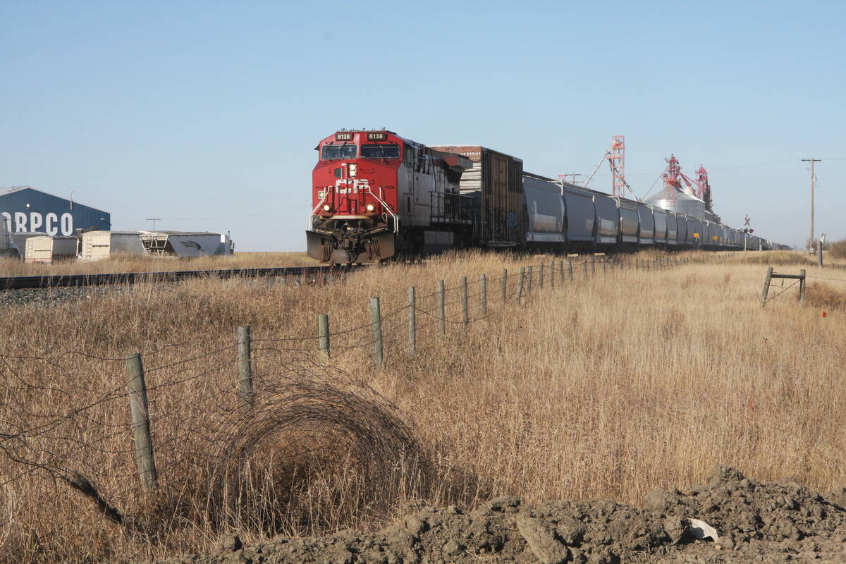 A grain train is parked on a siding an an inland grain terminal on a sunny day.