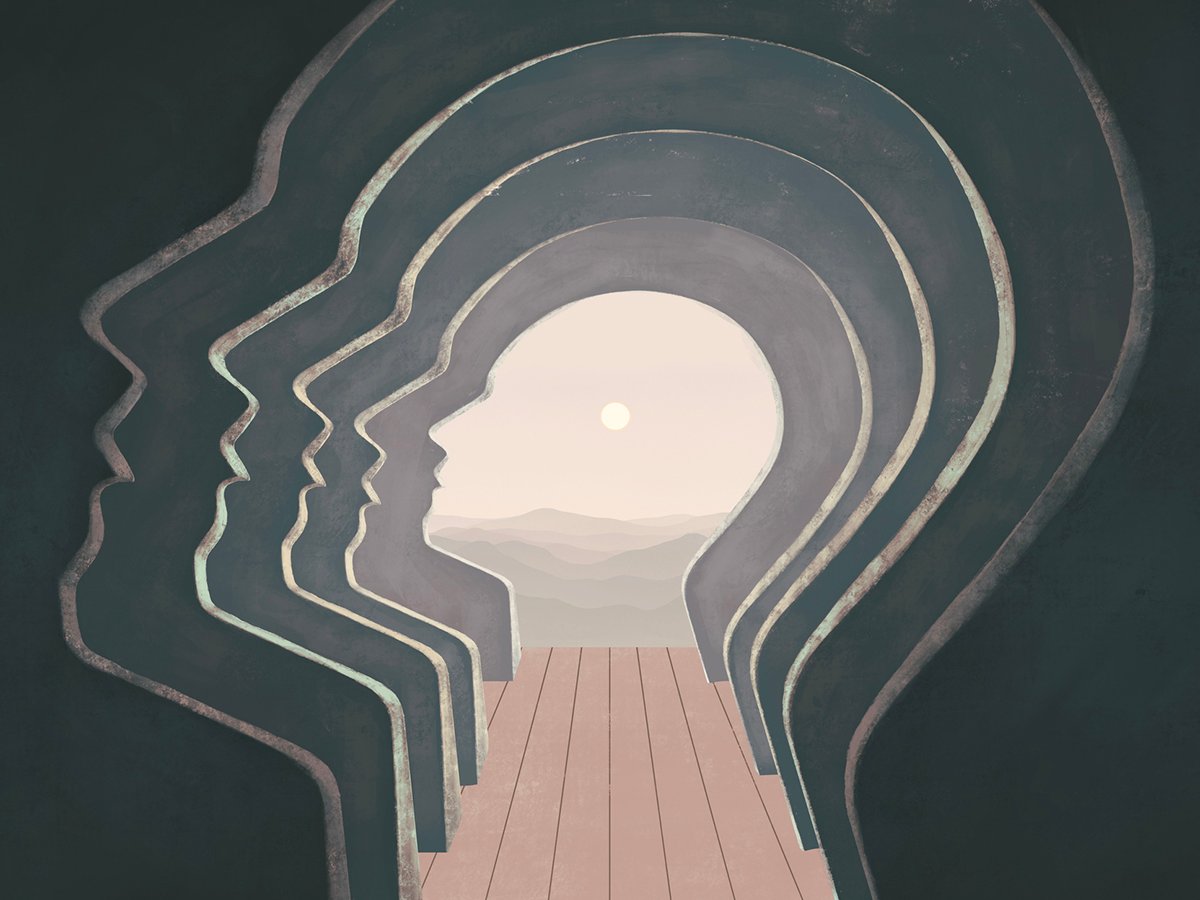 A stylized rendering of the outline of a bald man's head repeated inside itself multiple times.