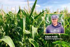 A close-up photo of the tops of corn plants in a field with a "head and shoulders" photo of agronomist Adam Funk of Borderline Agriculture Inc., superimposed over the righthand side of the background image.