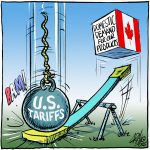 An editorial cartoon showing a teeter totter with one end being smashed to the ground under a wrecking ball with "U.S. Tariffs" written on it, and the other end launching a "box" with a Canadian flag on one side and, "Domestic Demand for our Products" written on another.